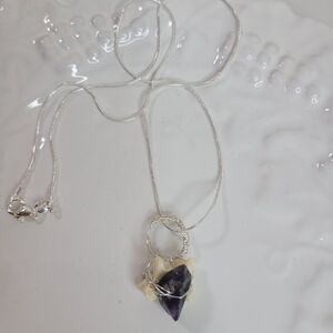 Handmade coyote bone and amethyst pendant and sterling silver plated necklace.